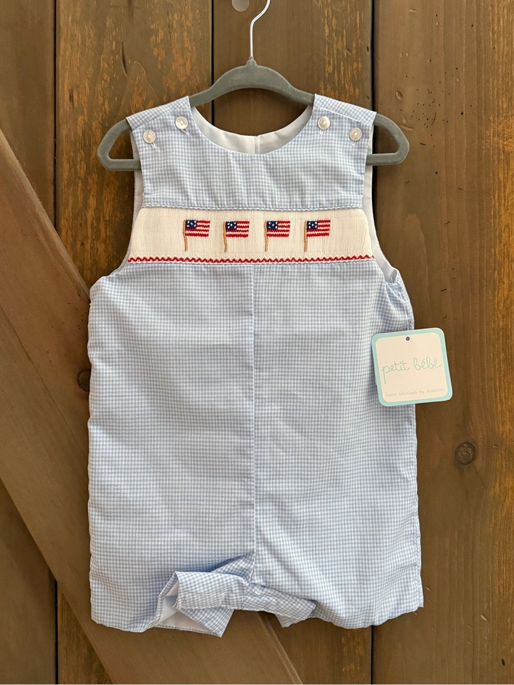 NWT Petit Bebe Smocked American Flag Jon Jon Shortall